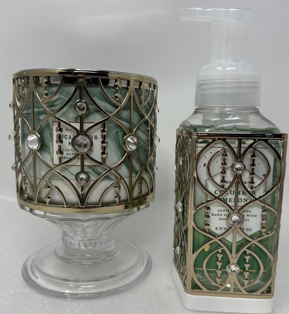 Bath & Body Works 2 Pc Glass Pedestal Candle Holder Soap Holder Matching Set